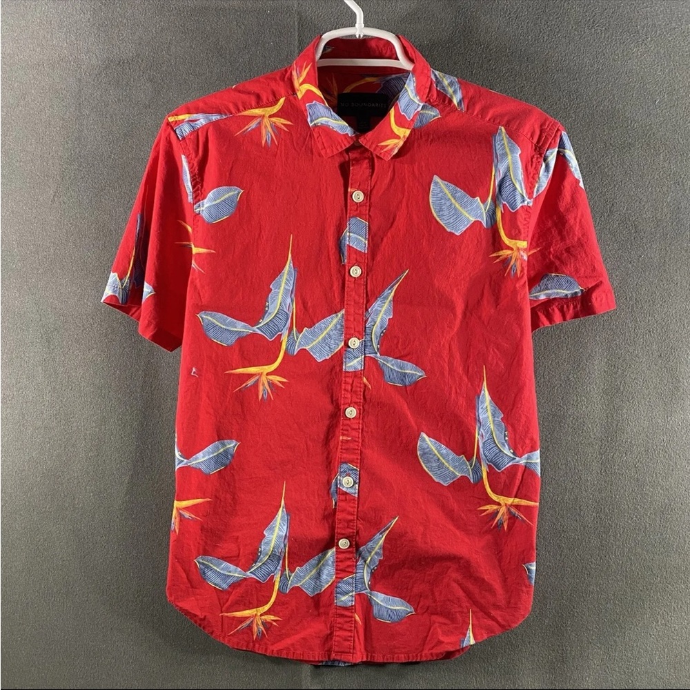 No Boundaries Regular S Short Sleeve Red Button-Up Men Floral Bird Hawaiian